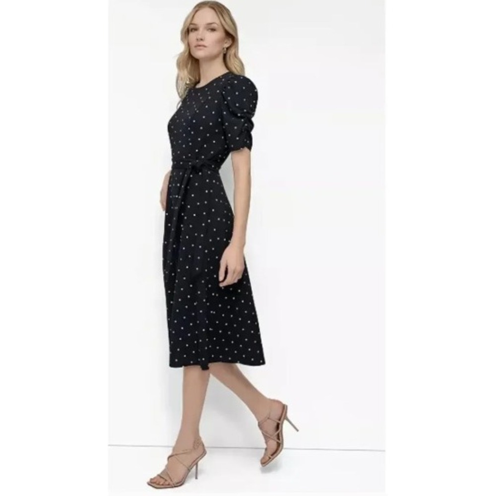 DKNY Navy Blue Polka Dot Puff Sleeve Midi Dress with‎ Belt Size 10